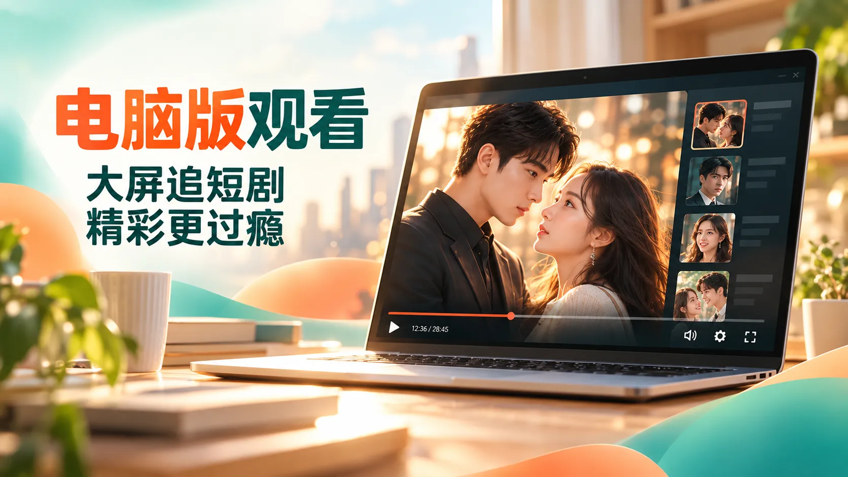 大屏浏览短剧作品卡片与内容说明的电脑场景